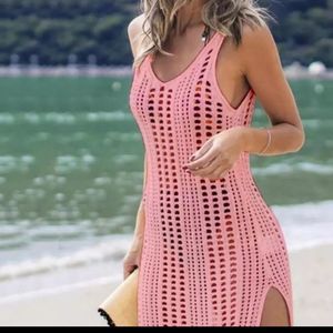 Solid Crochet Bikini Cover Up with Fringe Trim Women Sexy Hollow Tunic Beach Dre